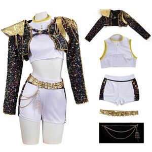 K Pop Demon Hunters Rumi Sequin Gold & White Costume Set - preteen to teen size